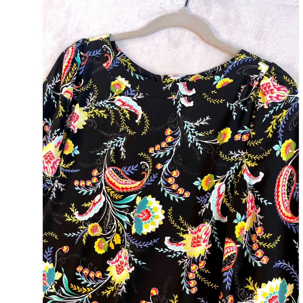 LOFT Womens Small Black Floral Paisley Long Sleeve Keyhole Blouse